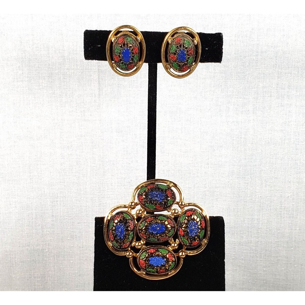 Vtg 1968 Sarah Coventry Light of the East Mosaic Brooch Clip Earrings Set MCM - Picture 3 of 16
